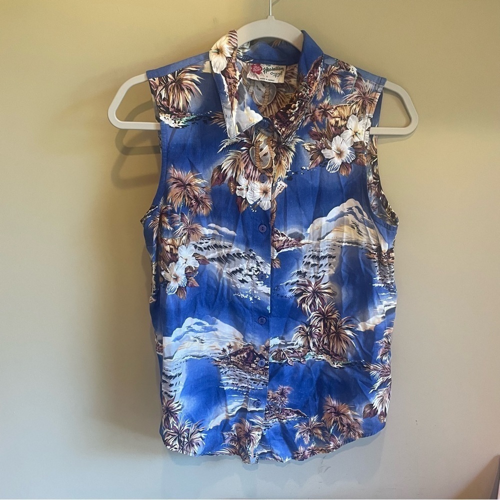 Vtg Y2K Hilo Hattie Sleeveless Hawaiian Top Medium
